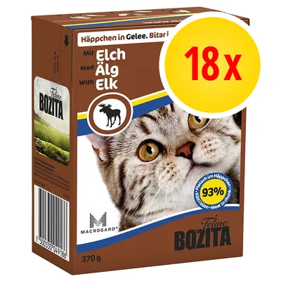 Feline Bozita kawałki w galarecie z łosiem, 370 g, 93% mięsa w kawałkach, zestaw 18 x. Widoczny kod kreskowy i logo MacroGard.