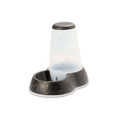 Food or water dispenser with black base and paw motif, transparent container with black lid.