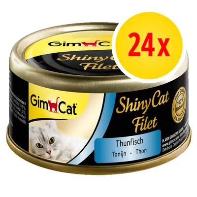 GimCat ShinyCat Filet Thunfisch -kissanruokapurkki, 24x. Etiketissä valkoinen kissa ja teksti: 100 % Natural, 0 % Additives, Thunfisch, Tonijn, Thon. GimCat ShinyCat Filet Thunfisch -kissanruokapurkki, 24x. Etiketissä valkoinen kissa ja teksti: 100 % Natural, 0 % Additives, Thunfisch, Tonijn, Thon.