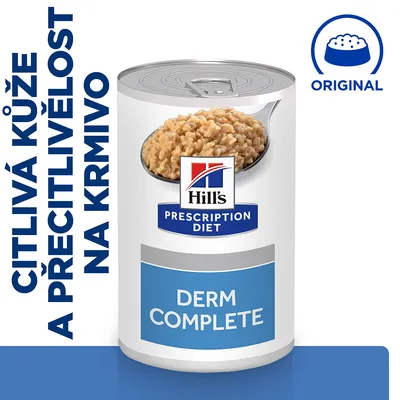Konzerva Hill's Prescription Diet Derm Complete. Text: Citlivá kůže a přecitlivělost na krmivo. Symbol misky s nápisem ORIGINAL. Konzerva Hill's Prescription Diet Derm Complete. Text: Citlivá kůže a přecitlivělost na krmivo. Symbol misky s nápisem ORIGINAL.