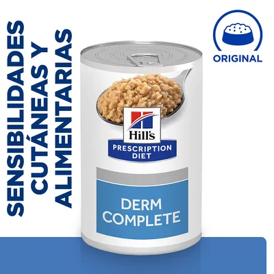 Lata de Hill's Prescription Diet Derm Complete. Texto visible: 'Sensibilidades cutáneas y alimentarias', 'Original'. Imagen del producto con comida húmeda en una cuchara.