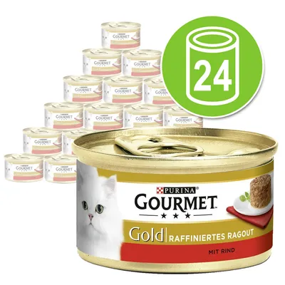 24 банки корма для кошек Purina Gourmet Gold Raffiniertes Ragout mit Rind, изображение белой кошки и кусочка рагу на упаковке