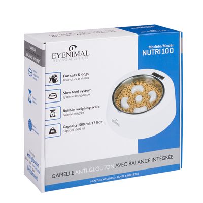 EYENIMAL Nutri100 ciotola per gatti e cani con sistema anti-ingozzamento, bilancia integrata e capacità di 500 ml.