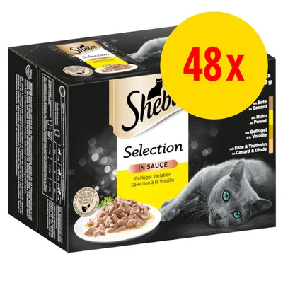 Sheba Selection in Sauce, Geflügel Variation, 48x85 g. Billede af kat og tallerken med vådfoder på emballagen. Synlig tekst: mit Ente, mit Huhn, mit Geflügel, mit Ente & Truthahn.