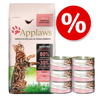 Applaws cibo completo per gatti adulti, sacco 2 kg Chicken with Extra Salmon, grain free, 80% pollo e salmone, 20% verdure. Sei lattine Applaws Tuna Fillet with Prawn. Simbolo percentuale offerta.