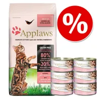 Applaws cibo completo per gatti adulti, sacco 2 kg Chicken with Extra Salmon, grain free, 80% pollo e salmone, 20% verdure. Sei lattine Applaws Tuna Fillet with Prawn. Simbolo percentuale offerta.