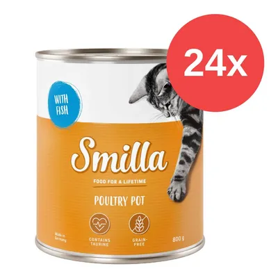 Smilla Poultry Pot con pescado, contiene taurina, sin cereales, 800g, Made in Germany. El envase muestra un gato. Símbolo rojo: 24x. Smilla Poultry Pot con pescado, contiene taurina, sin cereales, 800g, Made in Germany. El envase muestra un gato. Símbolo rojo: 24x.