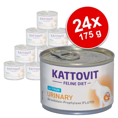 Kattovit Feline Diet Urinary med thunfisk, Struvitstein-Prophylaxe (FLUTD), 24 x 175 g dåser synlige på billedet