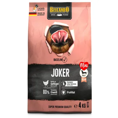 Belcando Dog Food Joker Mini Adult XS-M, bogat în carne de pasăre, rețetă fără cereale, 80% proteine animale, ProVital, ulei de somon, fabricat în Germania, super premium, 4kg net.