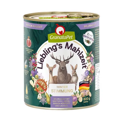 GranataPet Lieblings's Mahlzeit Wildragout Winter Edition, 800g. Ingredients: potatoes, apple-pear compote, salmon oil. Grain-free, Made in Germany.