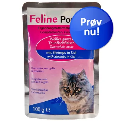 Feline Porta Complementary Food, Weißes ganzes Thunfischfleisch mit Shrimps in Gel, 100 g. Prøv nu! Tekst på tysk og engelsk synlig på emballagen.