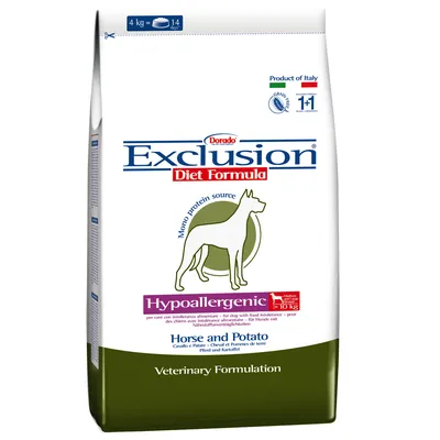 Dorado Exclusion Diet Formula Hypoallergenic pentru câini, sursă unică de proteină, cal și cartof, 4 kg, formulare veterinară. Produs în Italia. Pentru câini 11–30 kg.