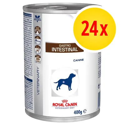 Royal Canin Veterinary Diet Gastro Intestinal Canine koiran märkäruoka, 400 g. Pakkaus sisältää 24 purkkia. Koiran siluetti etiketissä.