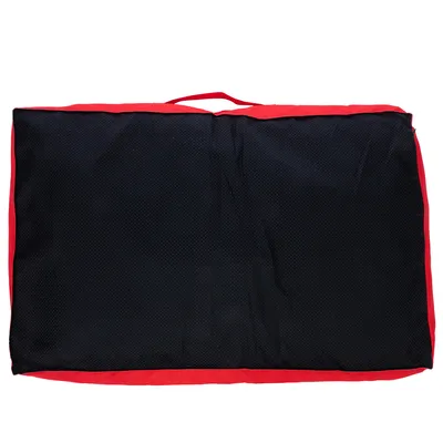 Borsa da trasporto nera con bordi rossi e manico, adatta al trasporto sicuro di prodotti per pet.
