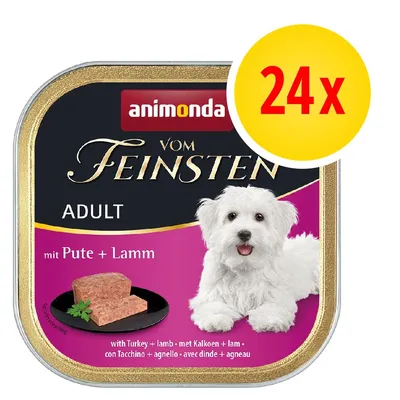 animonda Vom Feinsten Adult mit Pute + Lamm, 24x. Opakowanie karmy z wizerunkiem psa i kawałkiem pasztetu na talerzu. Widoczny napis: with Turkey + lamb.