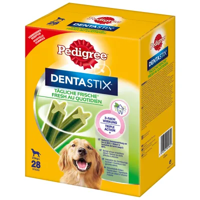 Boîte Pedigree Dentastix Fresh au Quotidien, 28 sticks pour chiens de 25 kg et plus. Texte visible : 3-fach Wirkung Triple Action. Image de bâtonnets verts et d’un chien.