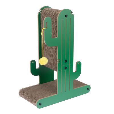 Jouet à griffer en forme de cactus en bois vert et carton avec balle jaune sur corde.