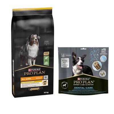 Sac de croquettes Purina Pro Plan All Sizes Adult 1+ Light/Sterilised, poulet, haute teneur en protéines, pour chiens adultes, 14 kg. Texte visible en anglais et autres langues.