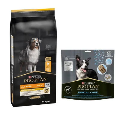 Purina Pro Plan Toutes Tailles Adulte Light/Stérilisé au poulet, 14 kg. Purina Pro Plan Dental Care Medium x15 Bâtonnets Quotidiens, label VOHC visible. Purina Pro Plan Toutes Tailles Adulte Light/Stérilisé au poulet, 14 kg. Purina Pro Plan Dental Care Medium x15 Bâtonnets Quotidiens, label VOHC visible.