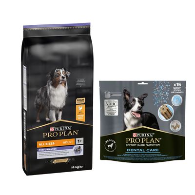 PURINA PRO PLAN 12 / 14 kg + friandises Dental Care 345 g ou 426 g offertes ! All Size Adult Performance (14 kg) + Medium pour chien de taille moyenne (345 g)