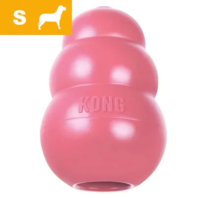 KONG hundelegetøj i pink gummi, størrelse S. Præget tekst: KONG. Gul markering med hvidt S og silhuet af hund. KONG hundelegetøj i pink gummi, størrelse S. Præget tekst: KONG. Gul markering med hvidt S og silhuet af hund.