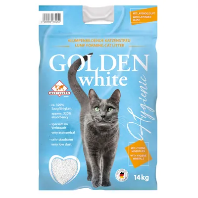 Litière pour chat Golden White Hygienic, parfum lavande, 14 kg. Absorption env. 320 %, très économique, très peu de poussière. Avec minéraux hygiéniques. Marque pet-earth.