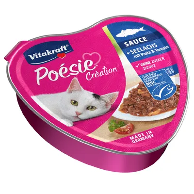 Vitakraft Poésie Creation Sauce с морски костур, паста и домат. Без добавена захар. MSC-сертифицирани устойчиви морски дарове. Произведено в Германия.