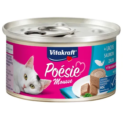 Vitakraft Poésie Mousse lazaccal, tanúsított fenntartható MSC hal, hozzáadott cukor nélkül.