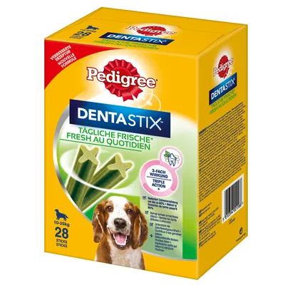Pedigree Dentastix, frescura diaria, 28 sticks para perros de 10-25 kg. Reduce la formación de sarro hasta un 80%. Con triple acción: limpieza, frescura y salud dental.