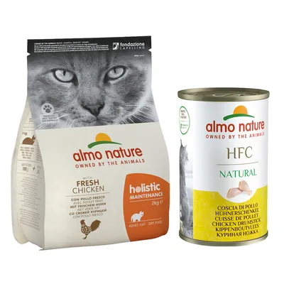 Kombipakke: Almo Nature tør- & vådfoder - 2 kg Holistic Kylling & Ris + 6 x 140 g HFC Kyllingelår Kombipakke: Almo Nature tør- & vådfoder - 2 kg Holistic Kylling & Ris + 6 x 140 g HFC Kyllingelår