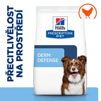 Hill's Prescription Diet Derm Defense, nápis 'Přecitlivělost na prostředí', symbol kura v oranžovom kruhu, balenie krmiva pre psov s modrým a bielym dizajnom.