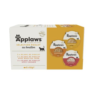 Applaws Natural Cat Food Sélection Poulet en bouillon, 8 x 60g : 3x poitrine de poulet, 3x poitrine de poulet avec œufs de thon, 2x poitrine de poulet avec canard. 100% naturel.