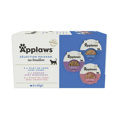 Applaws Natural Cat Food Sélection Poisson en bouillon : 3x filet de thon avec crabe, 3x sardine avec maquereau, 2x filet de thon avec crevettes, 8x60 g. Applaws Natural Cat Food Sélection Poisson en bouillon : 3x filet de thon avec crabe, 3x sardine avec maquereau, 2x filet de thon avec crevettes, 8x60 g.