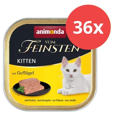 Animonda Vom Feinsten Kitten mit Geflügel, Multipack 36x. Nassfutter für Katzenjunge, Abbildung von Futter und weißer Katze.