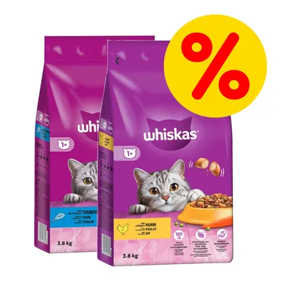 Whiskas Trockenfutter für Katzen ab 1 Jahr, Sorten Huhn und Thunfisch, 3.8 kg Packungen, mit Rabatt-Symbol.