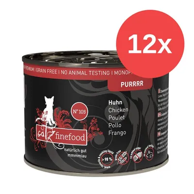 catz finefood N°103, Huhn, 12x Dose, natürlich gut, getreidefrei, keine Tierversuche, Monoprotein, ohne Zuckerzusatz, 98% Fleischanteil.