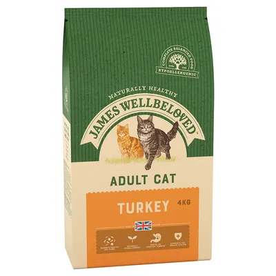 James Wellbeloved Adult Cat Turkey 4 kg. Tekst: Naturally Healthy, Complete Balanced Food Hypoallergenic, Made in Britain. Illustration af to katte på forsiden.