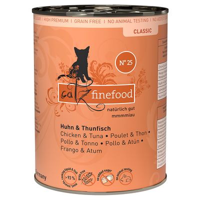 catz finefood Classic Nr. 25, kip & tonijn, natuurlijk goed, graanvrij, zonder toegevoegde suikers, geen dierproeven, 93% vleesgehalte, geproduceerd in Duitsland.
