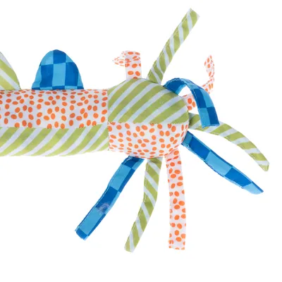 Fabric toy with green and white striped and orange dotted patterns, as well as blue ribbons. Suitable for pets to play with.
