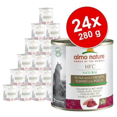 almo nature HFC Natural Tuna with Chicken, 24x280 g, konzervirana hrana za mačke. Prikaz limenki s natpisom 'No gluten recipe' i oznakom 100% natural.