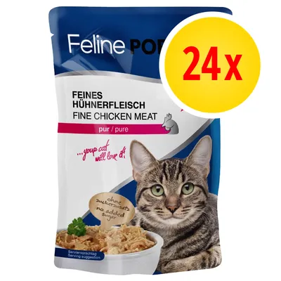 Feline Porta Feines Hühnerfleisch, pur, ohne Zuckerzusatz, 24x Portionsbeutel. Serviervorschlag mit Katzenbild und Schale Hühnerfleisch. Feline Porta Feines Hühnerfleisch, pur, ohne Zuckerzusatz, 24x Portionsbeutel. Serviervorschlag mit Katzenbild und Schale Hühnerfleisch.