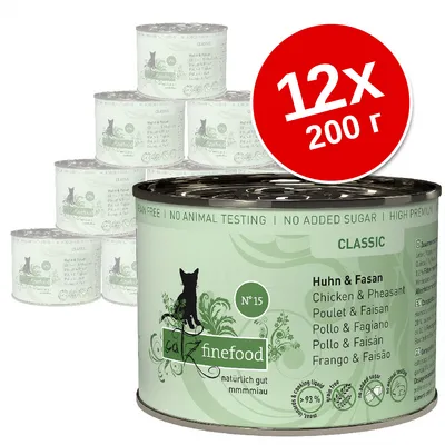 Набор из 12 банок по 200 г catz finefood Classic №15, курица и фазан. На упаковке: без злаков, без тестирования на животных, без добавления сахара, высокое качество.