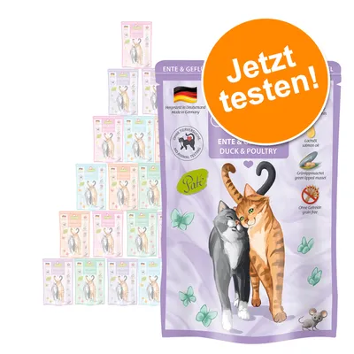 Made in Germany, no animal testing. Duck & poultry pâté, grain-free, with salmon oil and green-lipped mussel. Packaging shows two cats. Made in Germany, no animal testing. Duck & poultry pâté, grain-free, with salmon oil and green-lipped mussel. Packaging shows two cats.