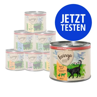 Feringa Classic Meat Adult, Sorte Duck & Veal mit Broccoli & Dandelion, 200g Dose. Großes blaues Feld mit Text: JETZT TESTEN. Feringa Classic Meat Adult, Sorte Duck & Veal mit Broccoli & Dandelion, 200g Dose. Großes blaues Feld mit Text: JETZT TESTEN.