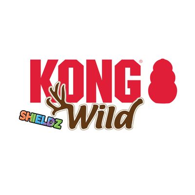 KONG Wild Shieldz logo med rødt KONG-symbol og tekst i brun og regnbuefarver.