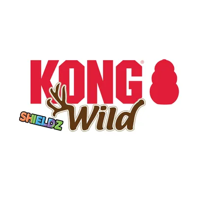 KONG Wild Shieldz лого с червен KONG символ и надпис в кафяво и в цветовете на дъгата.