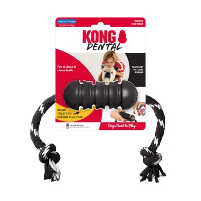 KONG Dental Spielzeug für Power Chewers, aus robustem Naturgummi. Grösse Medium, geeignet für Hunde von 7-16kg. Made in USA. Hinweis: Leckerlis einfügen für längere Spielzeit.