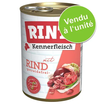 Boîte Rinti Kennerfleisch mit Rind getreidefrei, vendu à l’unité. Texte en allemand sur l’étiquette, morceaux de viande illustrés sur l’emballage.