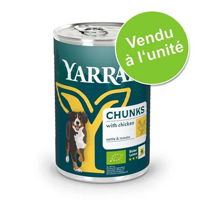 Boîte YARRA chunks with chicken, nettle & tomato, vendu à l’unité. Labels : Beter Leven 3 étoiles, bio NL-BIO-01. Texte en anglais sur l’étiquette.