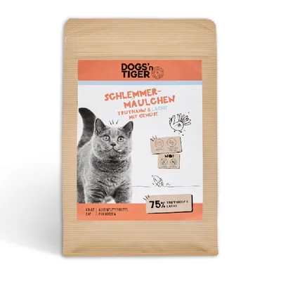 Dogs'n Tiger Schlemmer-Mäulchen, krůta a losos se zeleninou, kompletní krmivo pro kočky, 75 % krůta a losos.